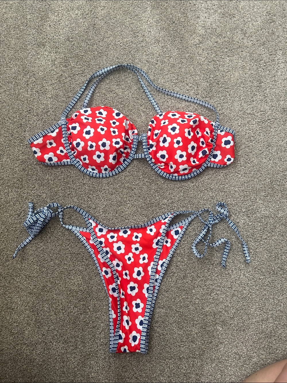 Red Floral Two-Piece Swim Set with Navy Trim